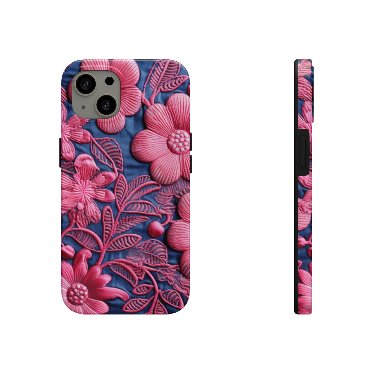 Denim Blue Doll Pink Floral Embroidery Style Fabric Flowers - Tough Phone Cases