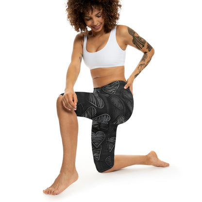 Black: Distressed Denim-Inspired Fabric Heart Embroidery Design - Women’s Capri Leggings (AOP)