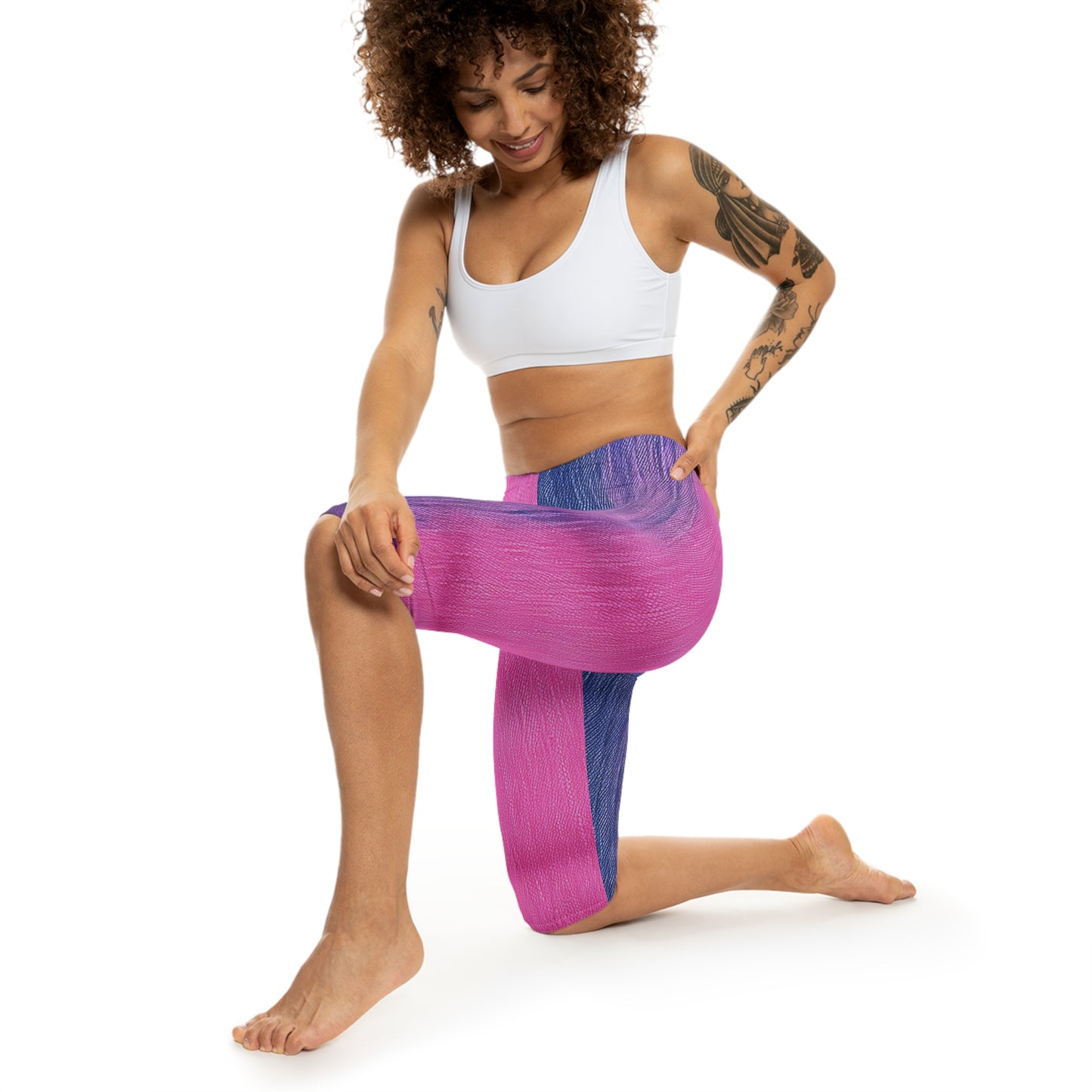 Dual Delight: Half-and-Half Pink & Blue Denim Daydream - Women’s Capri Leggings (AOP)