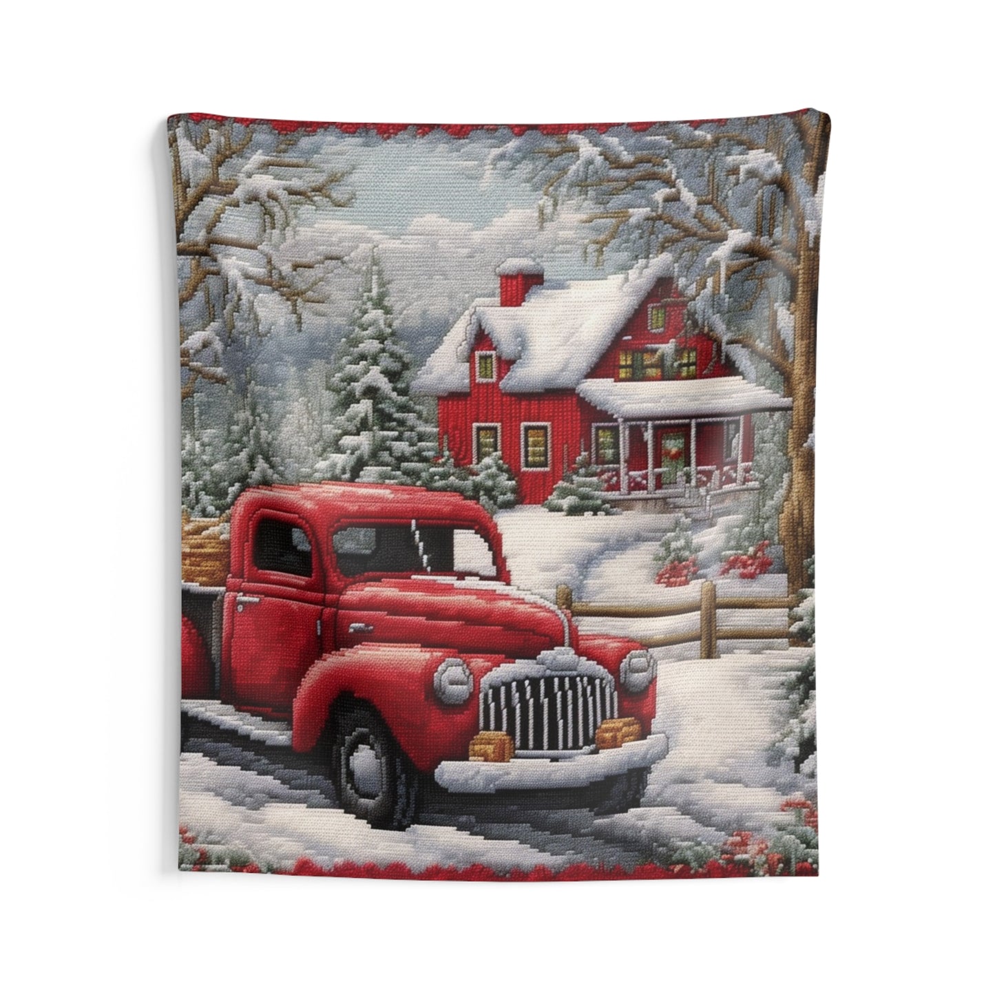 Red Truck Christmas Embroidery: Needlepoint Festive Winter Scene Threadwork - Indoor Wall Tapestries