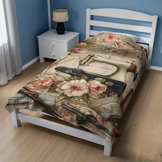 Classic Floral Sewing Ensemble: Vintage-Inspired with Antique Sewing Machine and Scissors - Velveteen Plush Blanket