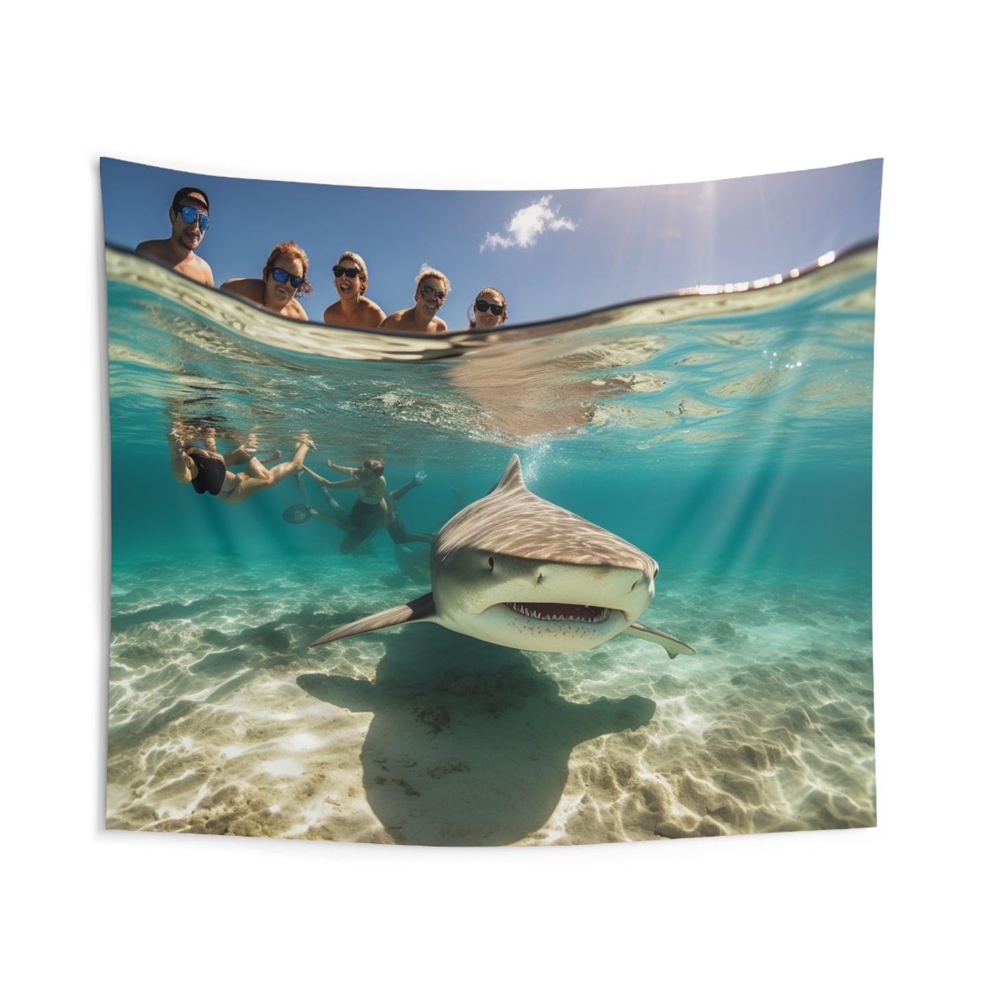 Peaceful Bull Shark with Swimmers: Ocean Scene - Perfect for Sea Lovers - Indoor Wall Tapestries