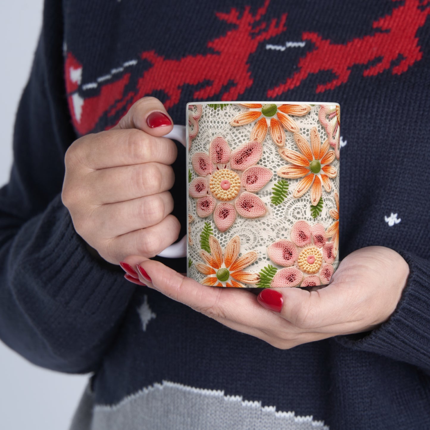 Floral Embroidered Eyelet: Delicate Flower Elegant Pattern - Ceramic Mug 11oz