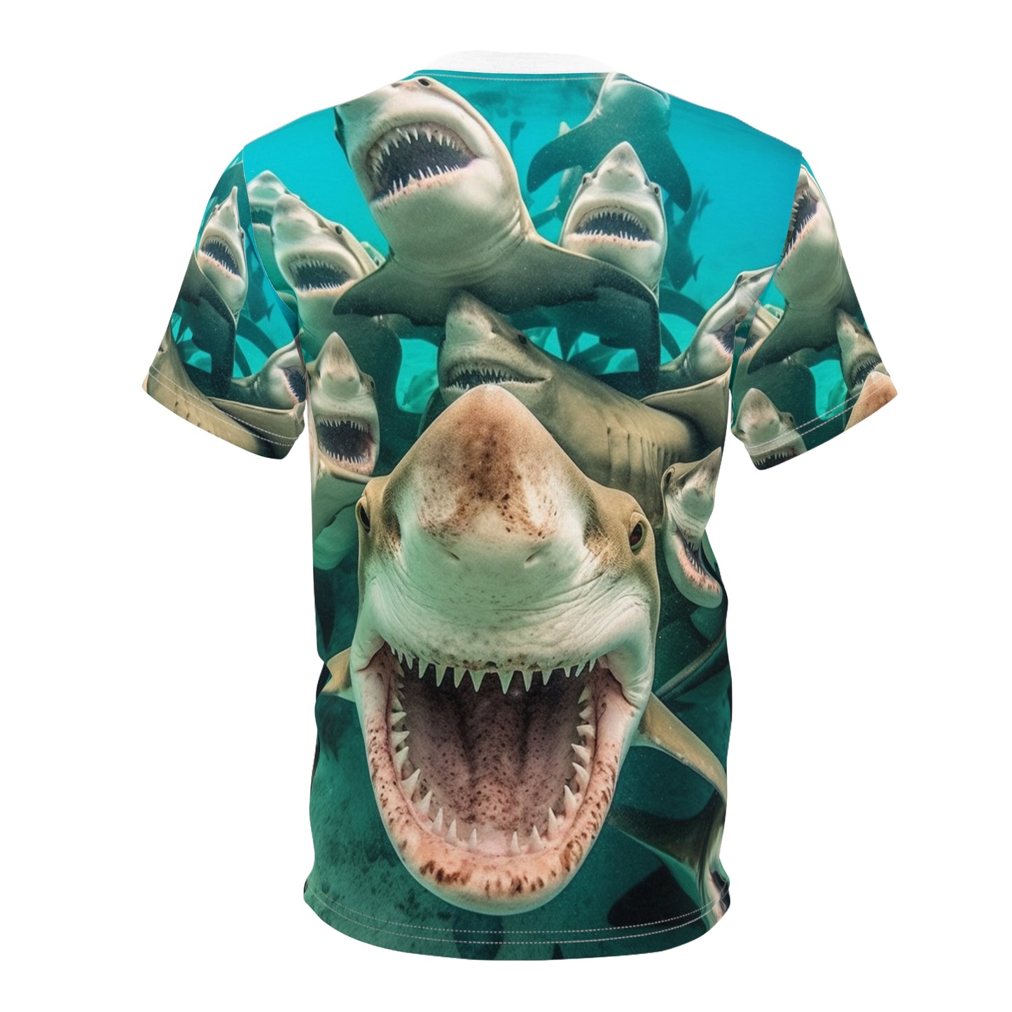 Tiburones limón risueños: Joyful Sea Jaws Ocean Deep - Camiseta unisex de corte y costura (AOP) 