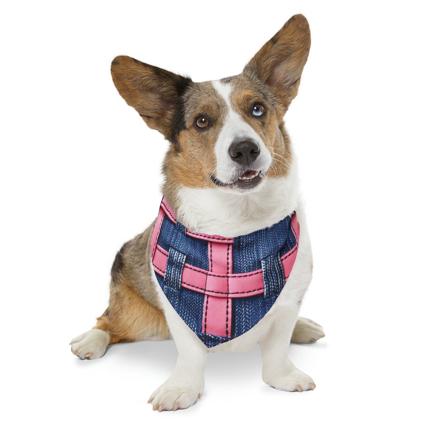 Candy-Striped Crossover: Pink Denim Ribbons Dancing on Blue Stage - Dog & Pet Bandana Collar