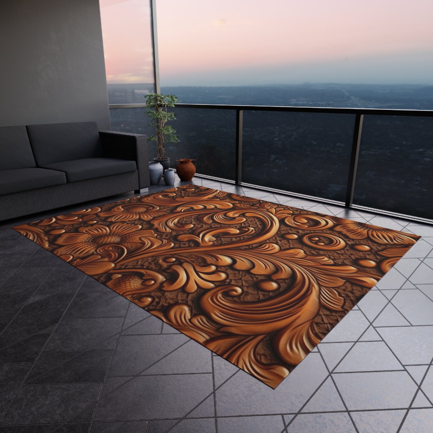 Leather Flower Cognac Classic Brown Timeless American Cowboy Design - Outdoor Rug