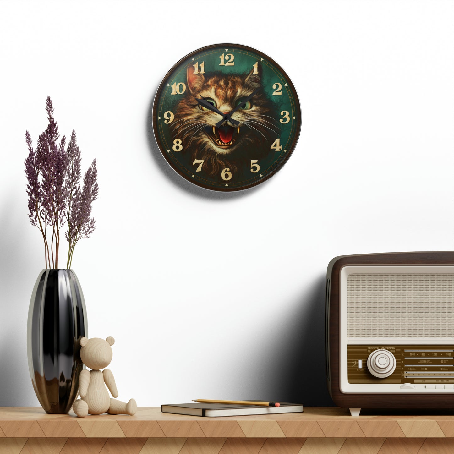 Reloj de pared acrílico espeluznante gato horror mascota animal gatito 