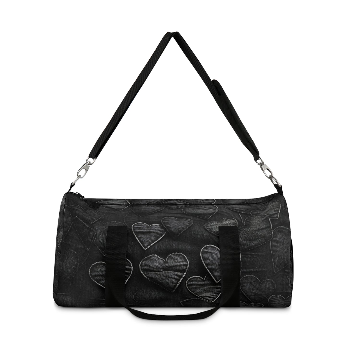 Black: Distressed Denim-Inspired Fabric Heart Embroidery Design - Duffel Bag