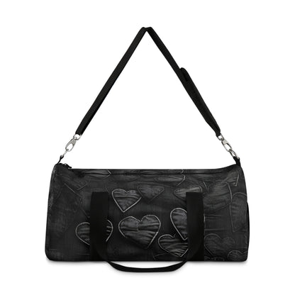 Black: Distressed Denim-Inspired Fabric Heart Embroidery Design - Duffel Bag