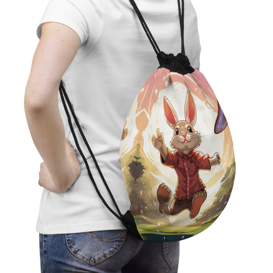 Disc Golf Rabbit: Conejito apuntando al frisbee para la cadena de canasta - Mochila con cordón