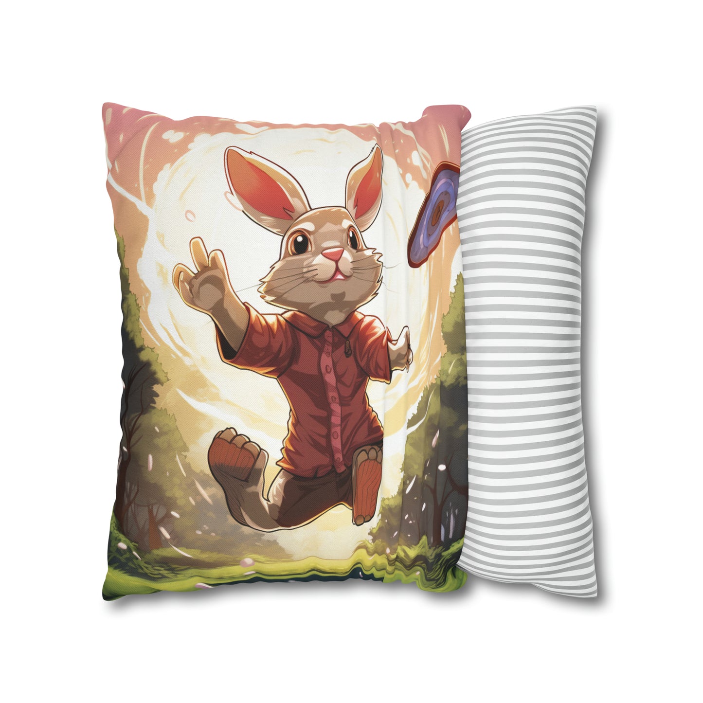 Disc Golf Rabbit: Bunny Aiming Frisbee for Basket Chain - Spun Polyester Square Pillow Case