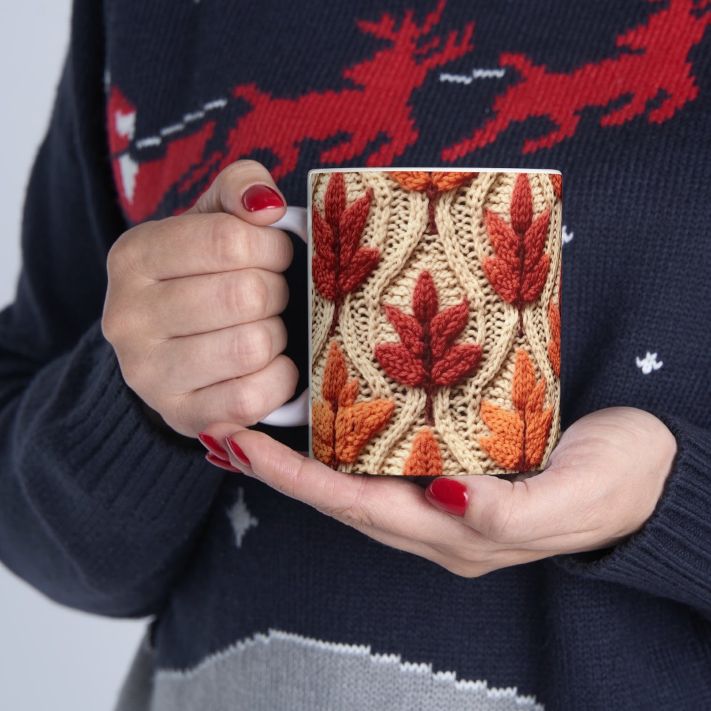 Crochet Fall Leaves: Harvest Rustic Design - Golden Browns -Woodland Maple Magic - Ceramic Mug 11oz