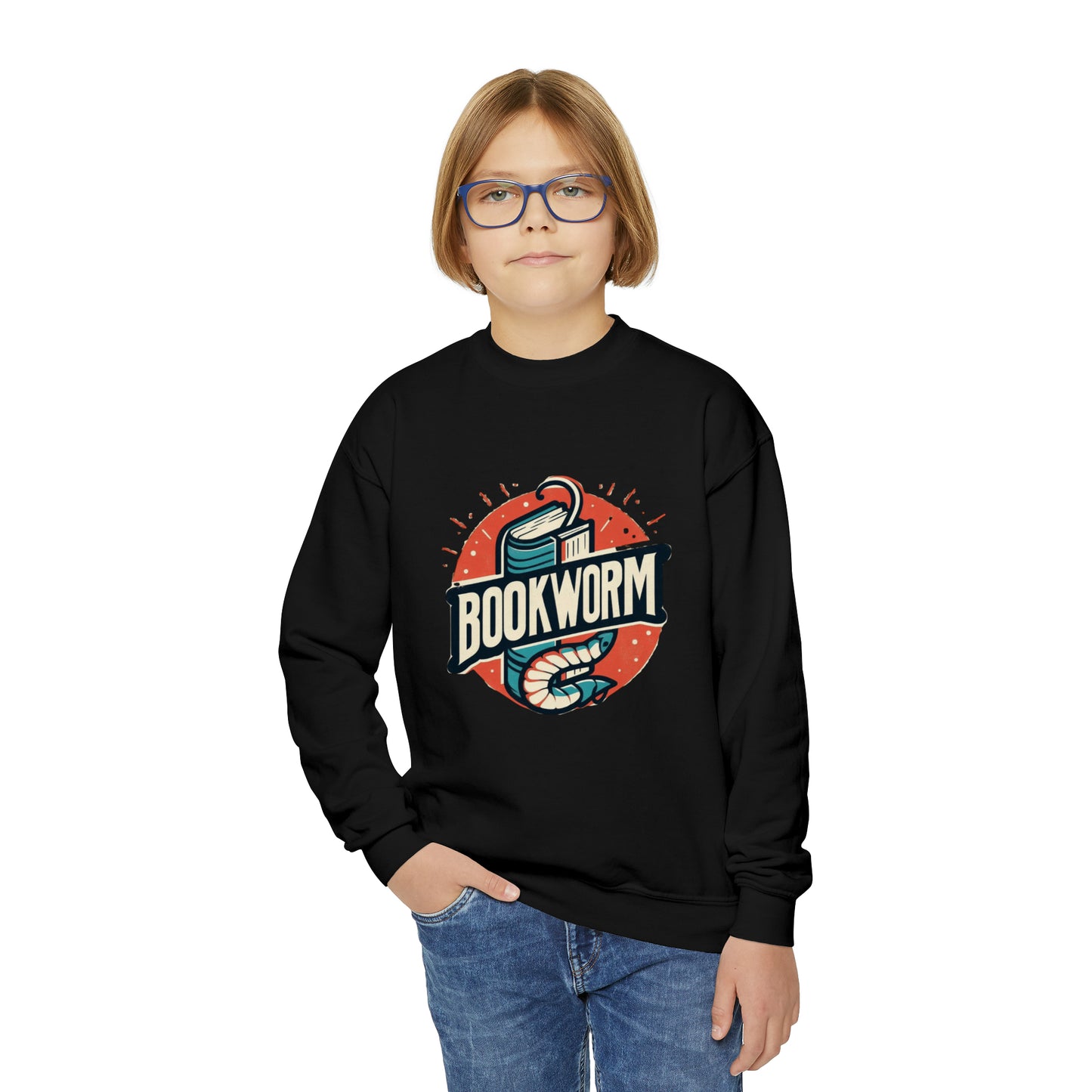 Bookworm Badge Graphic: Retro-Style Book Lover Emblem - Youth Crewneck Sweatshirt