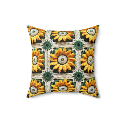 Sunflower Crochet Elegance, Granny Square Design, Radiant Floral Motif. Bring the Warmth of Sunflowers to Your Space - Spun Polyester Square Pillow