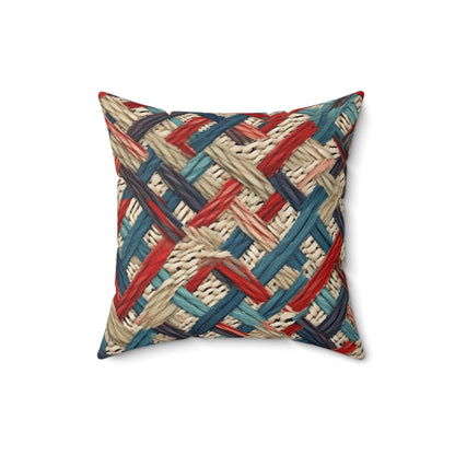 Colorful Yarn Knot: Denim-Inspired Fabric in Red, White, Light Blue - Spun Polyester Square Pillow