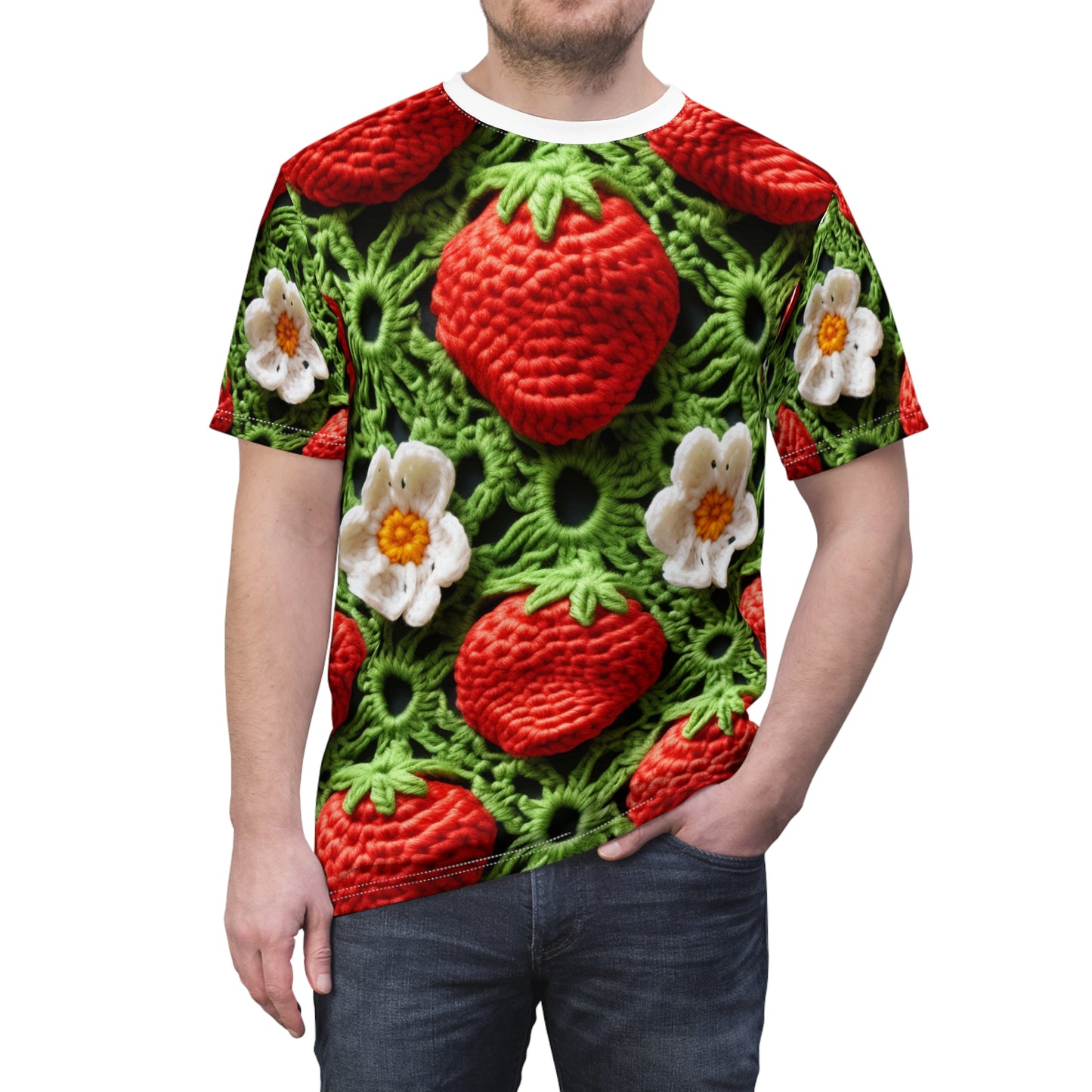 Ganchillo de campo de fresas - Forever Forest Greens - Cultivo de cosecha de bayas de frutas - Camiseta unisex de corte y costura (AOP) 