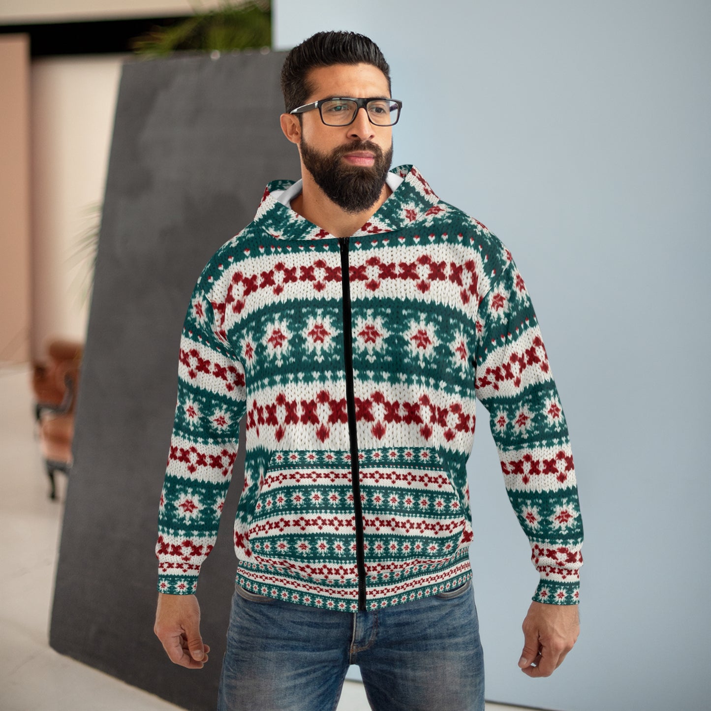 Christmas Knit Crochet Holiday, Festive Yuletide Pattern, Winter Season - Unisex Zip Hoodie (AOP)