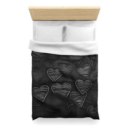 Black: Distressed Denim-Inspired Fabric Heart Embroidery Design - Microfiber Duvet Cover