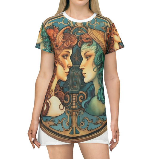 Steampunk Gemini - Dualistic Motifs & Vibrant Contrast - T-Shirt Dress (AOP)