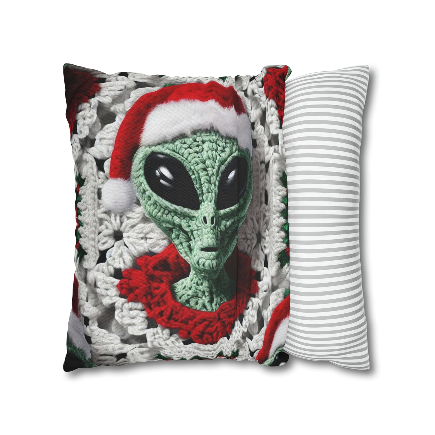 Santa's Cosmic Secret: Jolly Green Christmas Extraterrestrial with Festive Attire Crochet Art - Spun Polyester Square Pillow Case