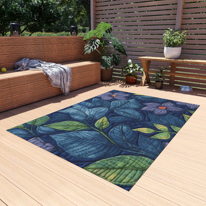 Floral Embroidery Blue: Denim-Inspired, Artisan-Crafted Flower Design - Outdoor Rug