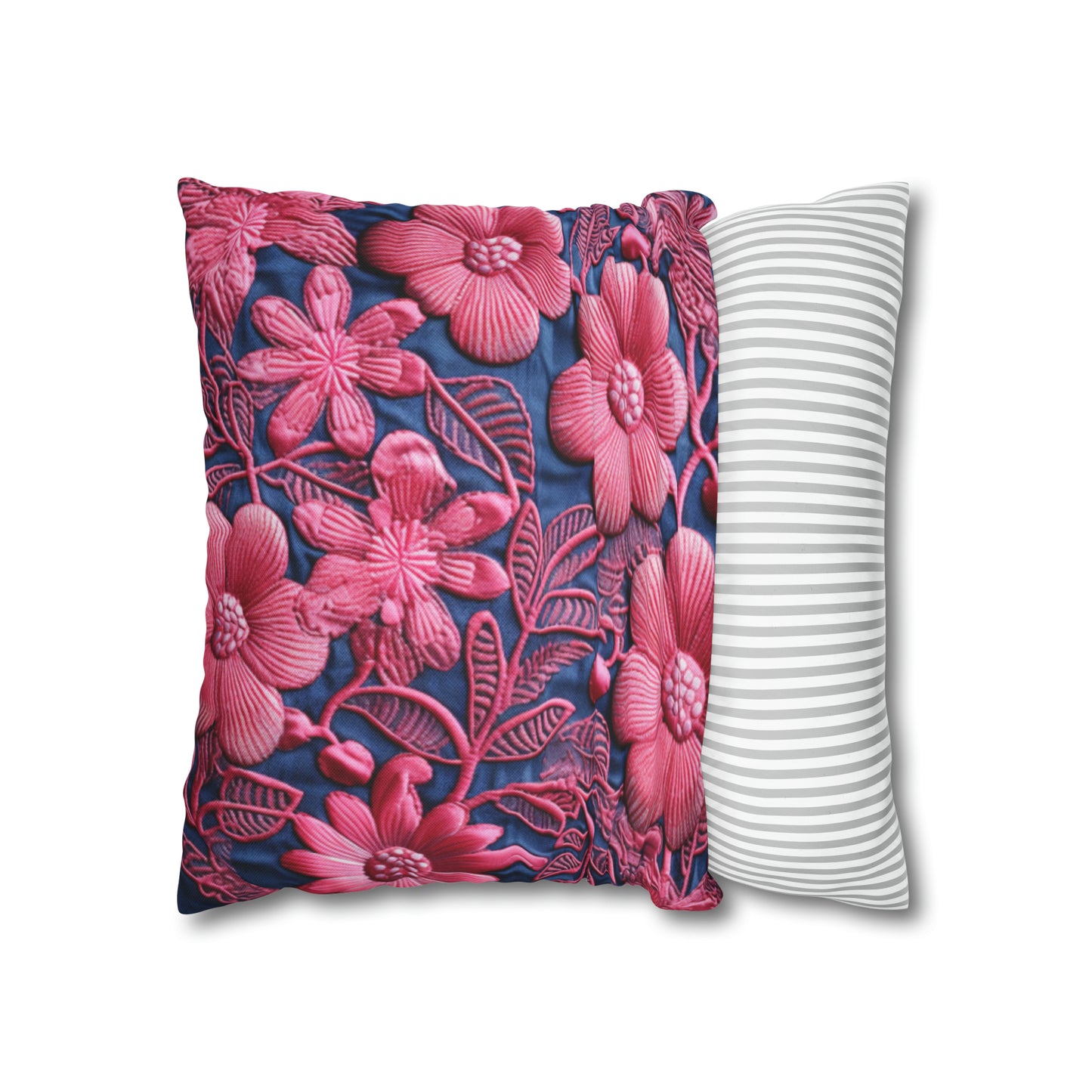 Denim Blue Doll Pink Floral Embroidery Style Fabric Flowers - Spun Polyester Square Pillow Case