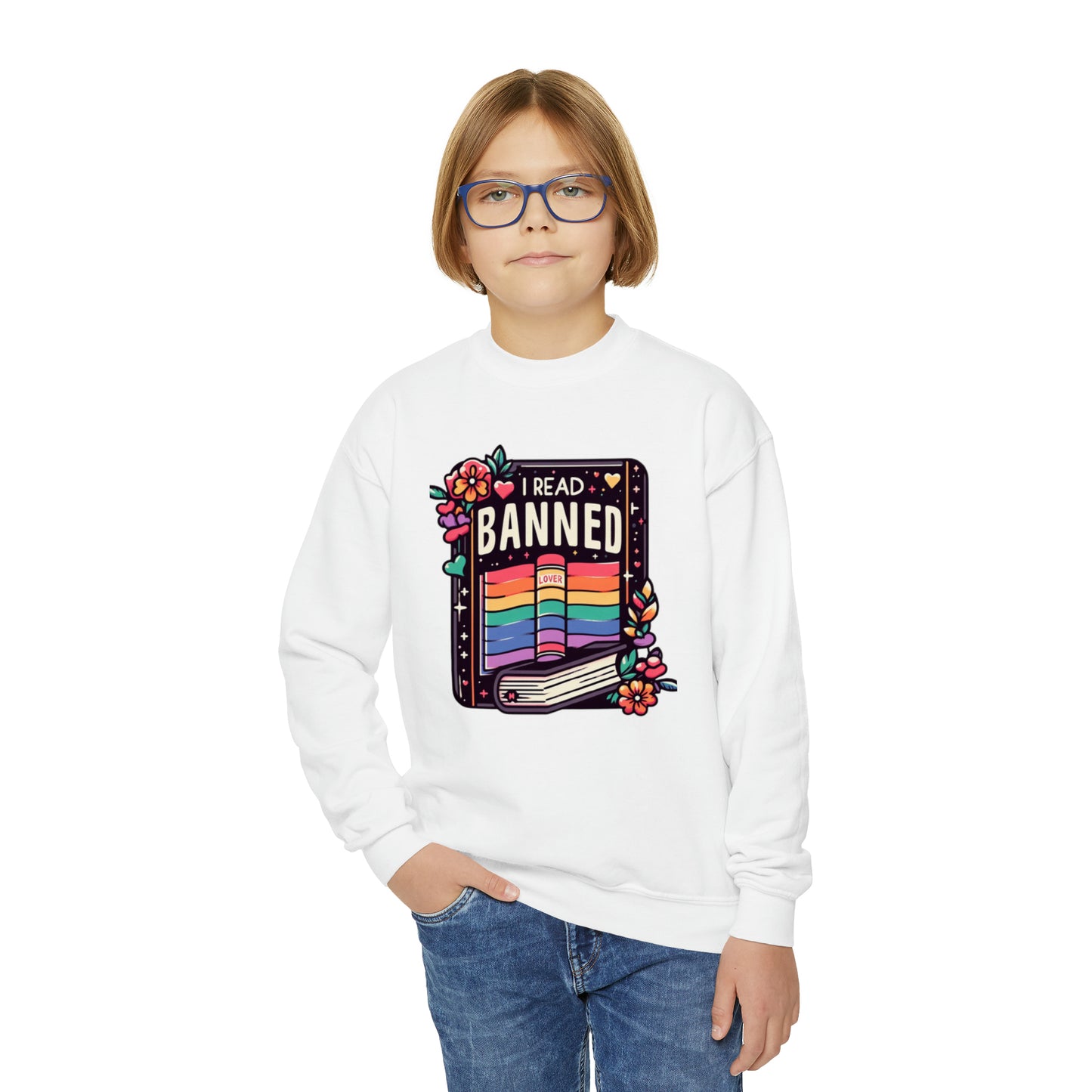 I Read Banned Books - Colorful Pride Love Book with Floral Accents - Youth Crewneck Sweatshirt