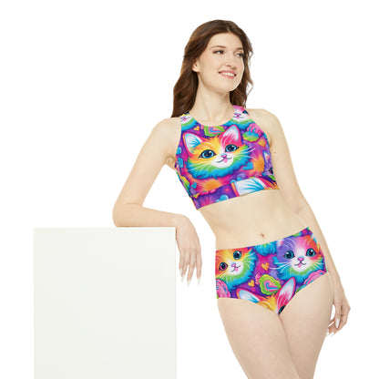 Happy Kitten & Cat Design - Vivid, Colorful & Eye-Catching - Sporty Bikini Set (AOP)