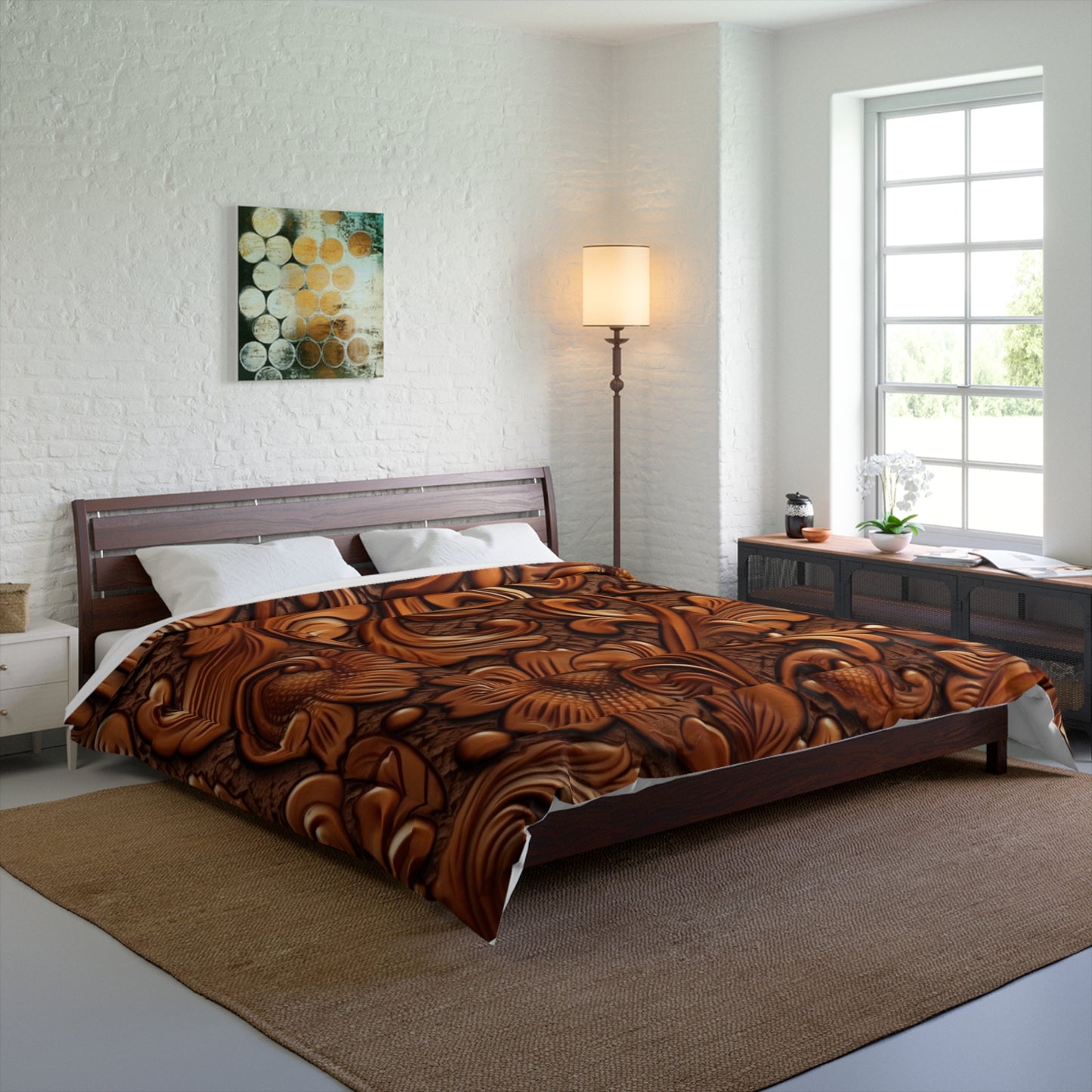 Leather Flower Cognac Classic Brown Timeless American Cowboy Design - Bed Comforter