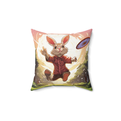 Disc Golf Rabbit: Bunny Aiming Frisbee for Basket Chain - Spun Polyester Square Pillow