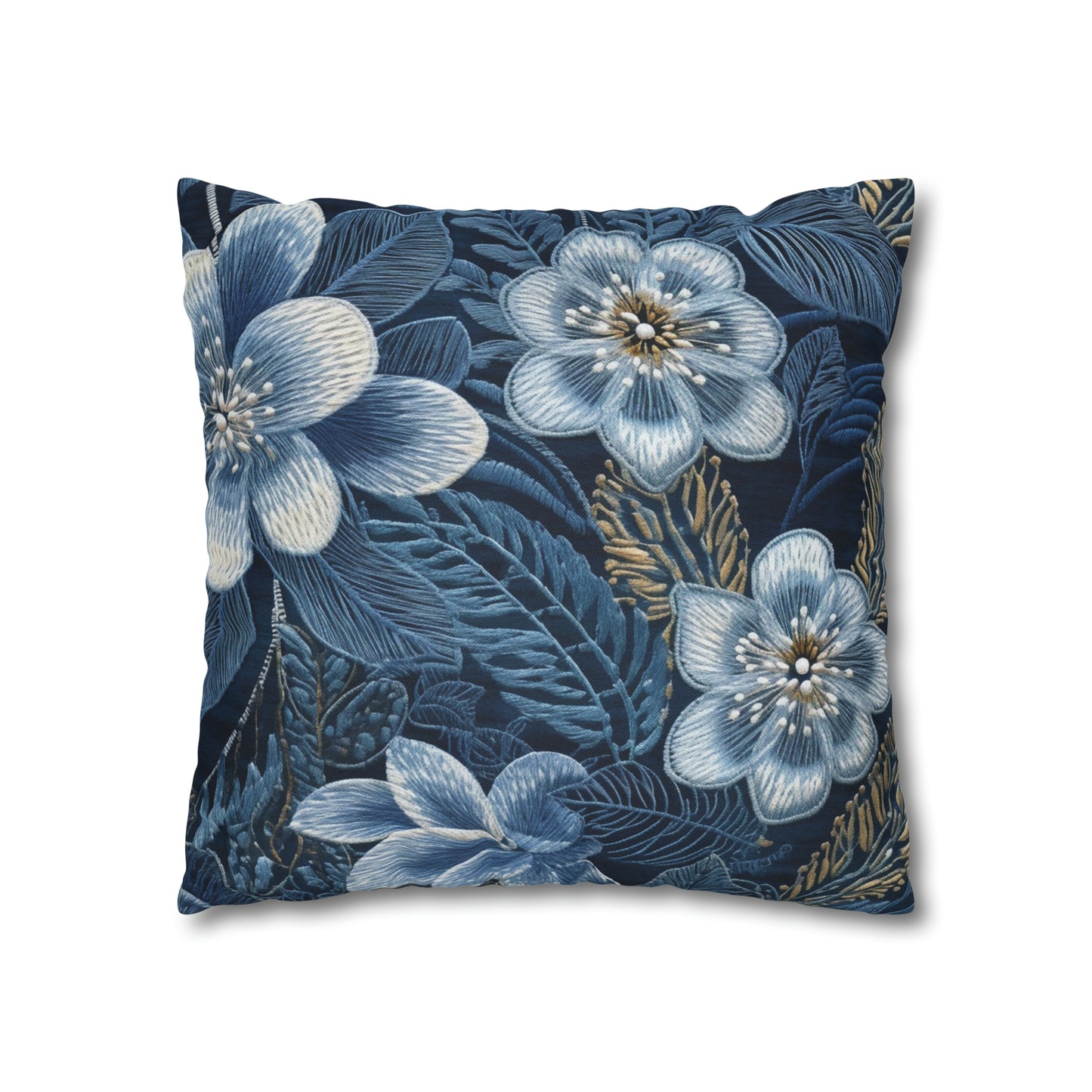 Flower Blossom Embroidery Floral on Denim Style - Spun Polyester Square Pillow Case