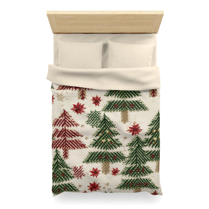 Embroidered Christmas Winter, Festive Holiday Stitching, Classic Seasonal Design - Microfiber Duvet Cover