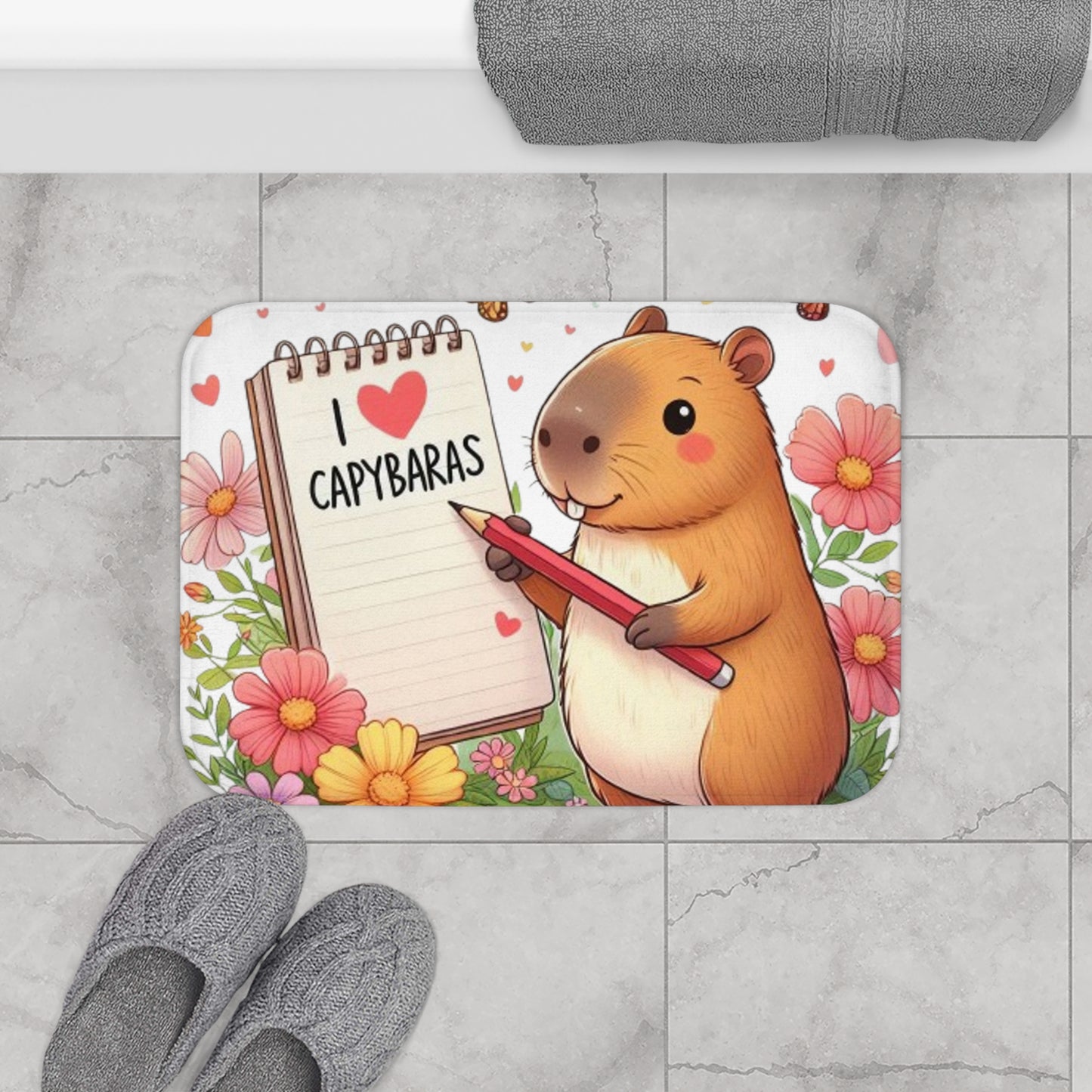 Capybara Holding Pencil and Notepad with I Love Capybaras, Cute Rodent Surrounded by Flowers and Butterflies, Bath Mat