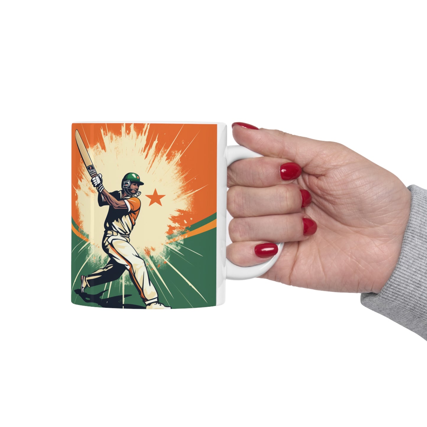 India Cricket Star: Batsman With Willow Bat, National Flag Style - Sport Game - Ceramic Mug 11oz