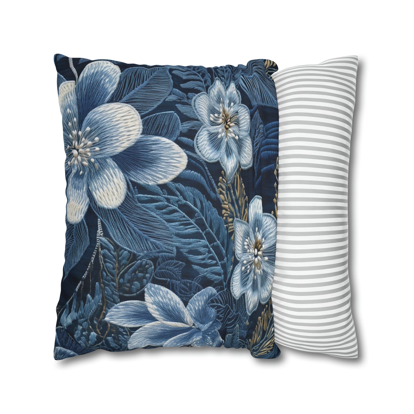 Flower Blossom Embroidery Floral on Denim Style - Spun Polyester Square Pillow Case