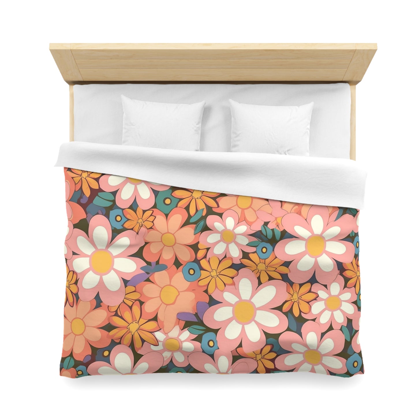 Groovy 1960s 1970s Pink & Orange Daisy Mod Floral - Microfiber Duvet Cover