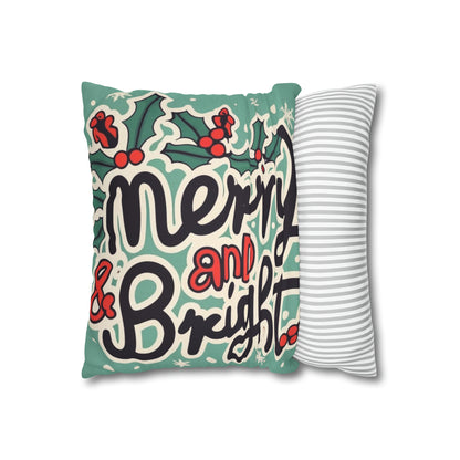 Merry and Bright Christmas Theme Holiday - Spun Polyester Square Pillow Case