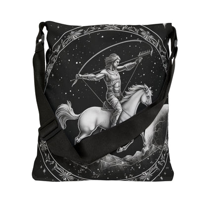 Sagittarius Zodiac Tote Bag, Black White Archer Design, 100% Spun Polyester, Adjustable Strap