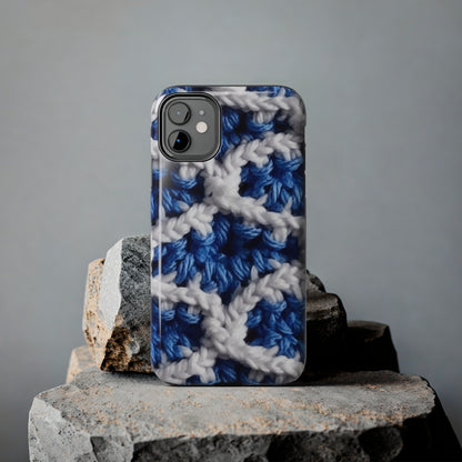 Blueberry Blue Crochet, White Accents, Classic Textured Pattern - Tough Phone Cases