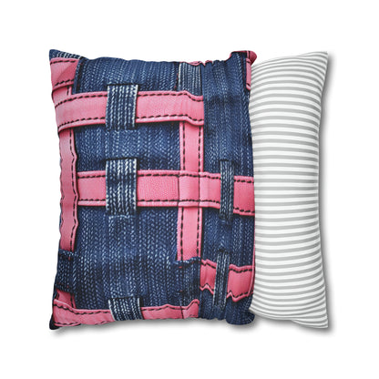 Candy-Striped Crossover: Pink Denim Ribbons Dancing on Blue Stage - Spun Polyester Square Pillow Case