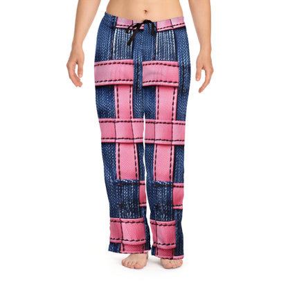 Crossover de rayas color caramelo: cintas de mezclilla rosa bailando en un escenario azul - Pantalones de pijama para mujer (AOP) 