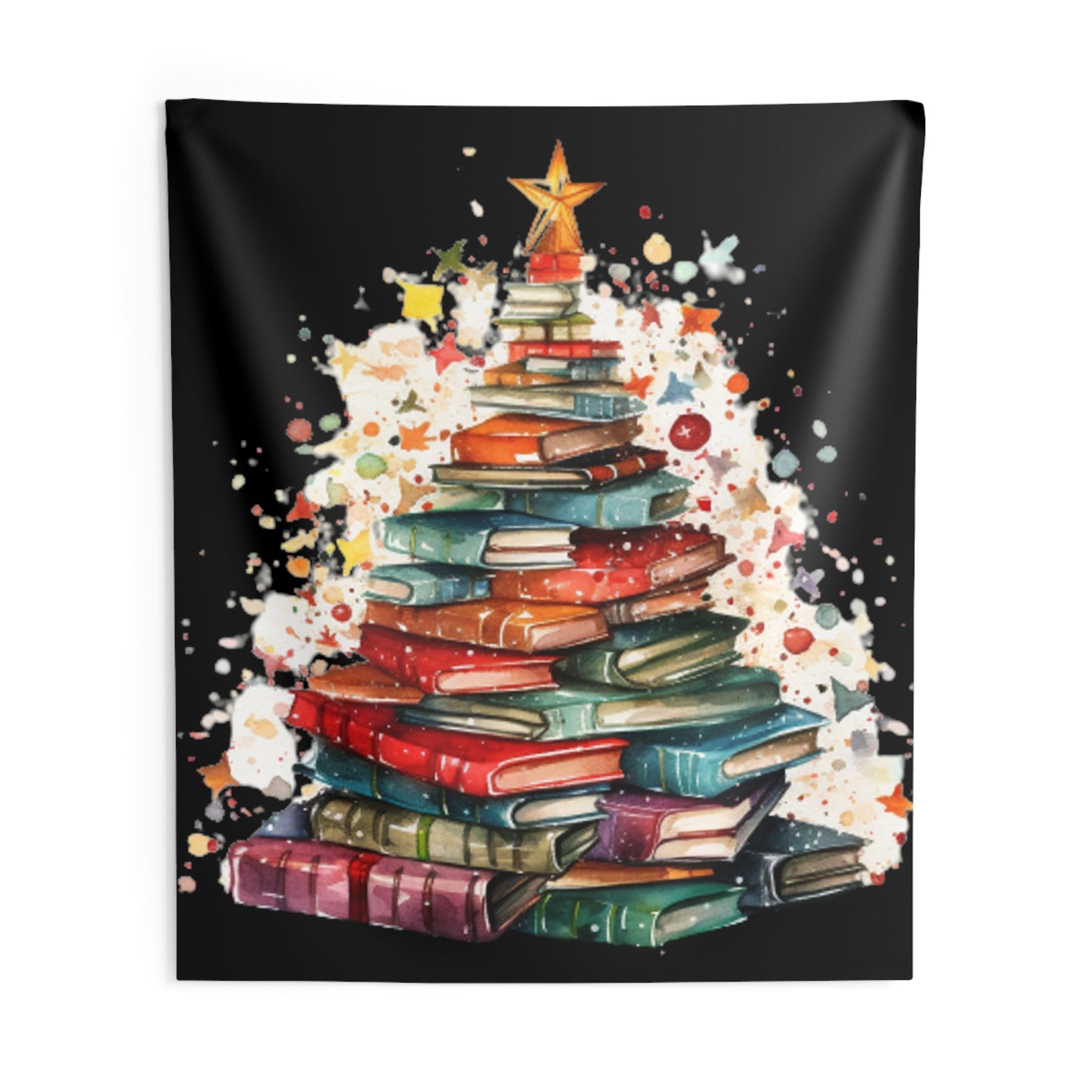 Book Stack Christmas Tree, Festive Holiday Illustration, Cozy Winter Reading Theme, Seasonal Book Lover Artwork - Indoor Wall Tapestries