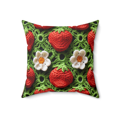 Strawberry Field Crochet - Forever Forest Greens - Fruit Berry Harvest Crop - Spun Polyester Square Pillow