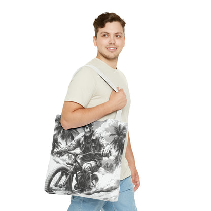 Biker Skeleton Wearing Sunglasses, Riding Sunset Boulevard in California Motorcycle, Tote Bag (AOP)