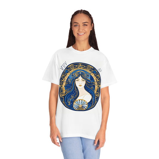 Virgo Zodiac Circular Symmetry in Gold Royal Blue - Unisex Garment-Dyed T-shirt