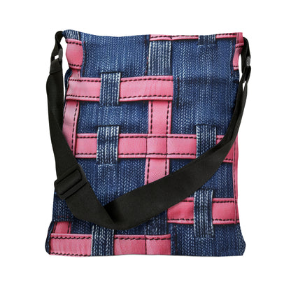 Candy-Striped Crossover: Pink Denim Ribbons Dancing on Blue Stage - Adjustable Tote Bag (AOP)