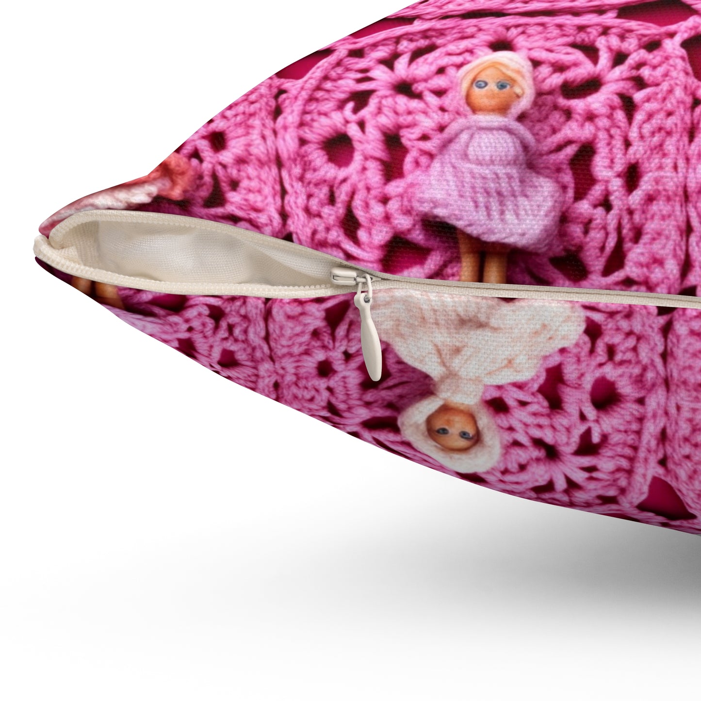 Barbie Dolls on Granny Squares: Realistic Pink Toy Design - Spun Polyester Square Pillow