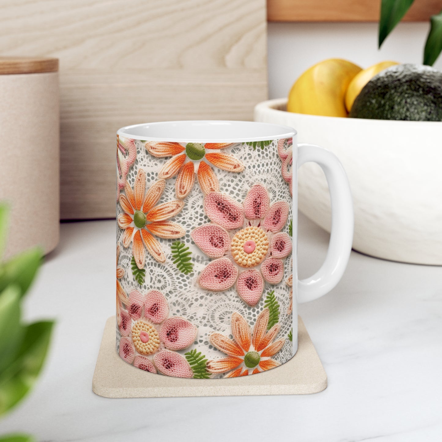 Floral Embroidered Eyelet: Delicate Flower Elegant Pattern - Ceramic Mug 11oz