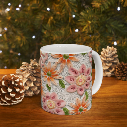 Floral Embroidered Eyelet: Delicate Flower Elegant Pattern - Ceramic Mug 11oz