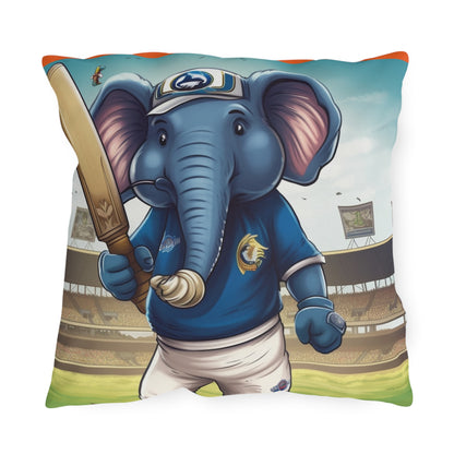 India Elephant Cricket Sport Star: Pitch, Run, Stump Game - Animated Charm - Outdoor Pillows